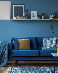 Stylish Scandinavian living room: blue sofa and shelf against blue wall, modern interior design for a serene ambiance