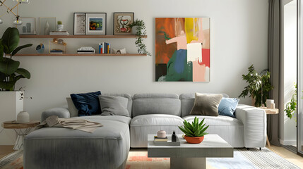 Minimalist urban living room with gray sectional, abstract art, floating shelf, succulents, and curated decor accents