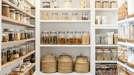 Minimalist pantry with clean lines in a Scandinavian home, featuring white shelves and labeled containers