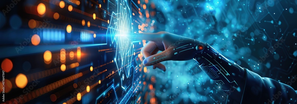 Aufkleber Futuristic robotic hand interacting with a digital interface in a virtual space