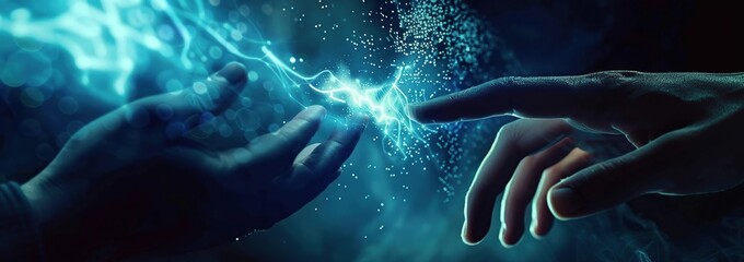 Human And Robot Hand Reaching Out To Each Other. artificial intelligence concept design.