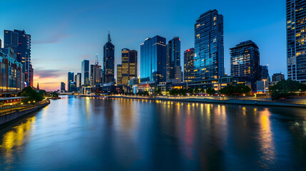 Fototapeta premium Modern cityscape with sleek glass skyscrapers and waterfront promenades along a bustling river, illuminated by city lights at dusk