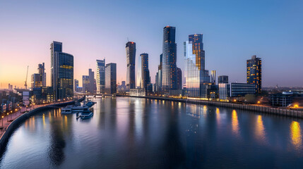 Fototapeta premium Modern cityscape with sleek glass skyscrapers and waterfront promenades along a bustling river, illuminated by city lights at dusk