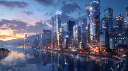 Fototapeta premium Modern cityscape with sleek glass skyscrapers and waterfront promenades along a bustling river, illuminated by city lights at dusk