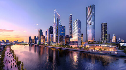 Fototapeta premium Modern cityscape with sleek glass skyscrapers and waterfront promenades along a bustling river, illuminated by city lights at dusk