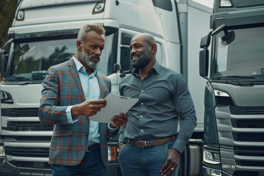 Freight manager and truck driver reviewing cargo checklist for efficient logistics in parking area