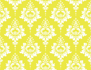 Floral pattern. Vintage wallpaper in the Baroque style. Seamless vector background. White and yellow ornament for fabric, wallpaper, packaging. Ornate Damask flower ornament