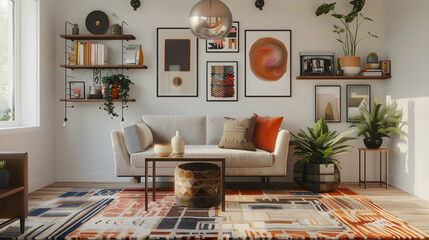 Modern living room with velvet armchair, floating shelves, globe pendant light, abstract rug, gallery wall, and minimalist decor accents
