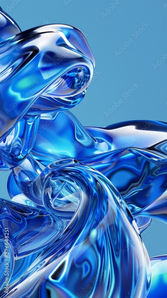 Poster 3d rendering blue metallic flying abstraction. computer generated illustration of soft liquid shapes