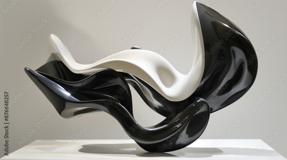 Poster a striking black and white abstract sculpture with dynamic forms and intricate details, capturing mo