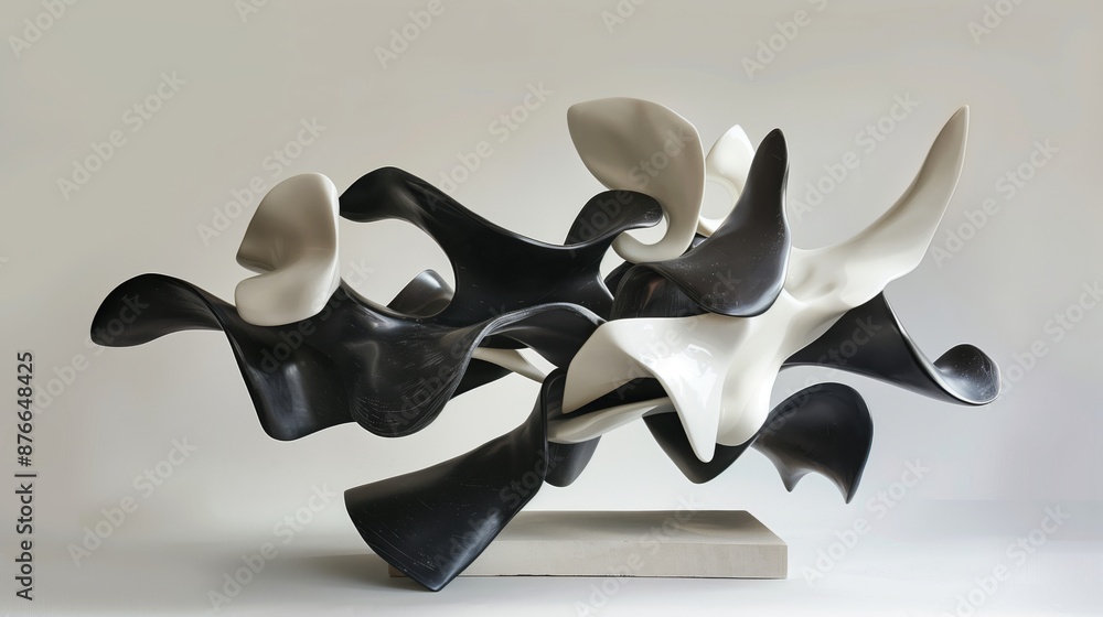 Poster a black-and-white abstract sculpture with dynamic forms, capturing movement and contrast intricately