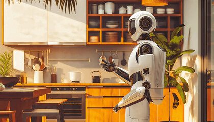 Robot in modern kitchen cooking preparing meal futuristic home technology artificial intelligence domestic assistant innovation