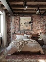 Cozy Bedroom with Brick Wall Background, Inviting Warmth and Comfort
