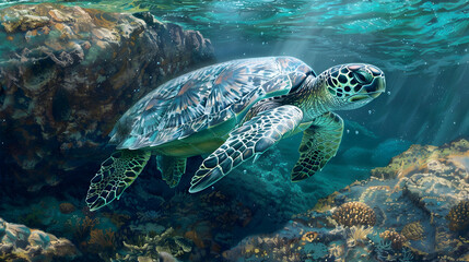 Fototapeta premium Olive Ridley turtle in turquoise waters, nibbling on seaweed near a coral-covered rock