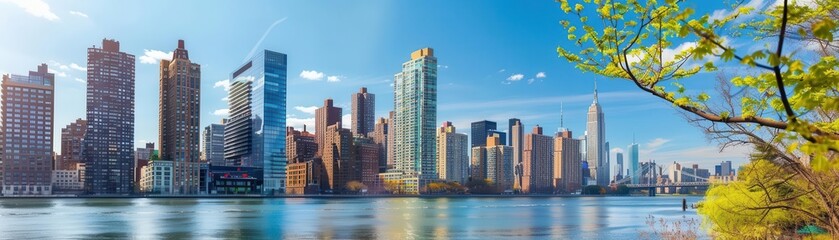 Panoramic view of New York City skyline with modern skyscrapers on a clear day, seen from across the river with green foliage in the foreground.