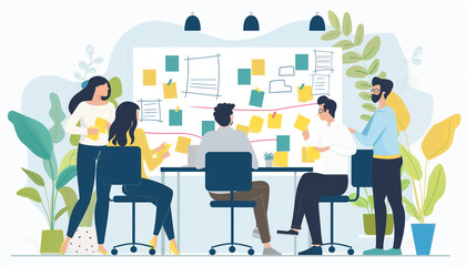 Animated group of colleagues collaborating on ideas in front of a sticky note board