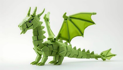 Fototapeta premium Plastic toy Green dragon assembled from pieces of construction