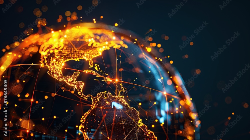 Poster Glowing orange globe of the Americas with circuit board and binary code