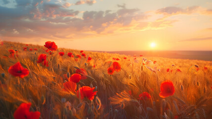 Red poppies swaying in a golden wheat field under a vibrant sunset, with a gentle breeze creating waves of color