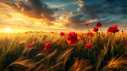 Red poppies swaying in a golden wheat field under a vibrant sunset, with a gentle breeze creating waves of color