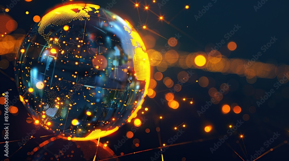 Poster Glowing orange globe with circuit board texture and network connections on dark blue background