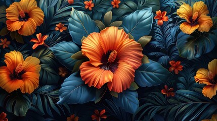 Detailed botanical vector, vibrant blooms, lush foliage, vintage style, richly colored, symmetrical composition, high-quality,