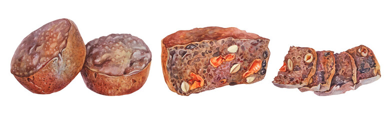Obraz premium Set with watercolor loaf of fresh crispy homemade rye bread with fruit and nuts isolated on white background. Whole grain bun for healthy breakfast. Hand-drawn food for cookbook or kitchen. Clipart