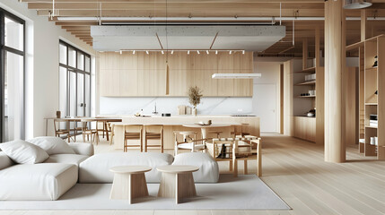 Scandinavian Style Open Living Space with Minimalist Kitchen. Urban Loft Apartment, Light Wood Furnishings, and Clean Lines
