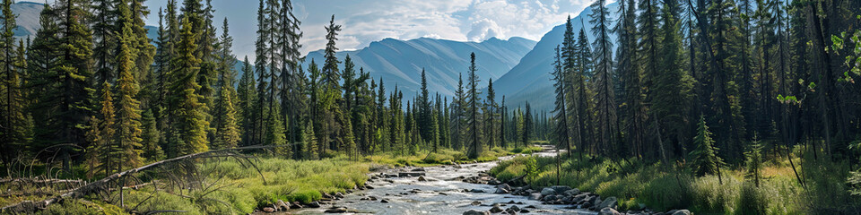 Fototapeta premium valley of authentic forests, mountain water streams and tall pine trees, generative AI