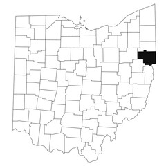 Obraz premium Map of columbiana County in Ohio state on white background. single County map highlighted by black colour on Ohio map. UNITED STATES, US