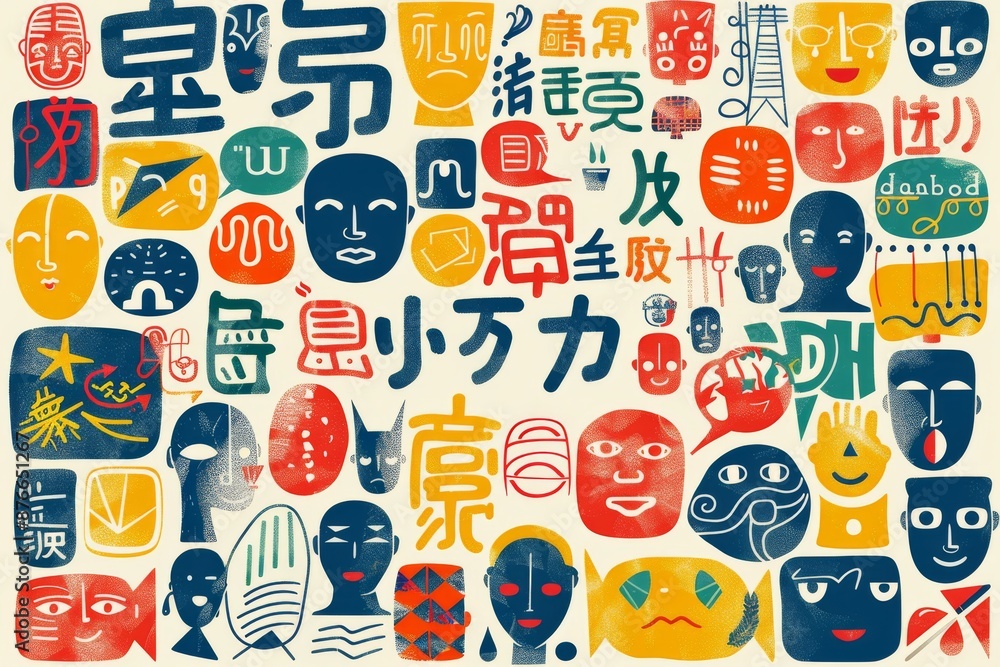 Poster abstract colorful pattern with faces and symbols