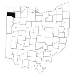 Map of defiance County in Ohio state on white background. single County map highlighted by black colour on Ohio map. UNITED STATES, US