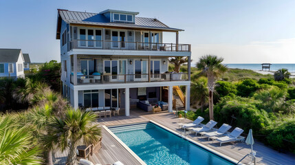Fototapeta premium Serenity Haven: Coastal Residence with Private Beach Access and Oceanfront Pool
