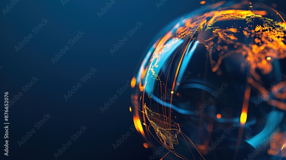 Poster glowing blue and orange globe of the earth with a detailed illuminated network of connections.
