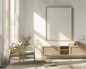 Tranquil Scandinavian Living Room Scene Featuring Blank Canvas Mockup, Soft Daylight, Minimalist Furnishings, and Cozy Neutral Tones for a Relaxing Vibe