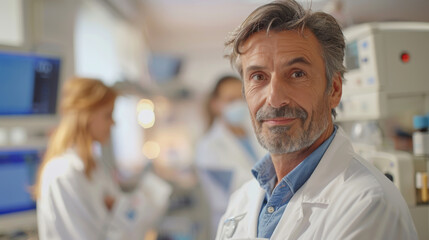 Obraz premium Portrait of a confident male doctor in a modern laboratory, highlighting medical professionalism and advanced healthcare environment.