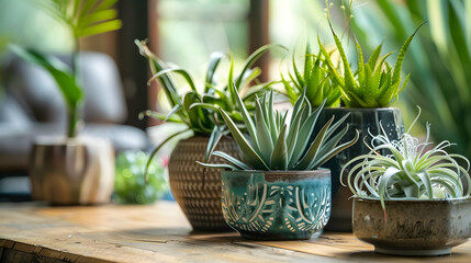 Stylish home garden interior filled with beautiful plants, succulents, cacti, air plant in beautiful design pots. Home gardening concept