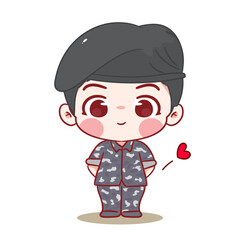 Cute male soldier boy cartoon vector. Military concept design. Adorable chibi character. Isolated White Background.