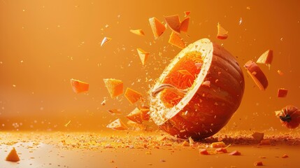 Shattered Pumpkin Exploding with Vibrant Orange Pieces Against a Bright Background