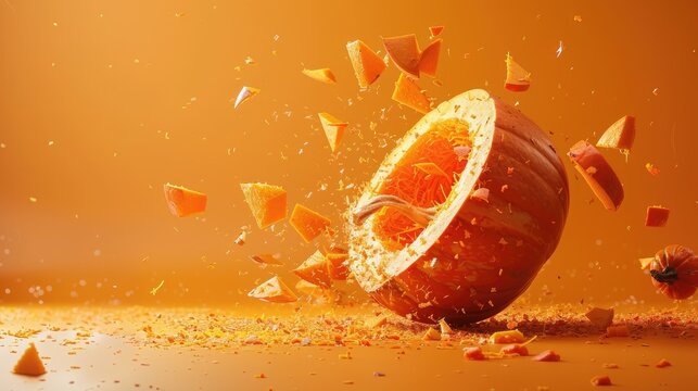 Shattered Pumpkin Exploding with Vibrant Orange Pieces Against a Bright Background