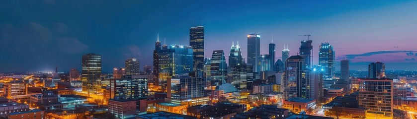 Obraz premium Stunning panoramic view of a city skyline at twilight with illuminated buildings against a colorful evening sky.