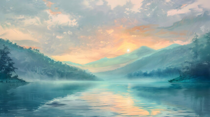 Fototapeta premium Sunrise over a serene mountain lake, with mist rising from the water and the sky painted in soft pastels
