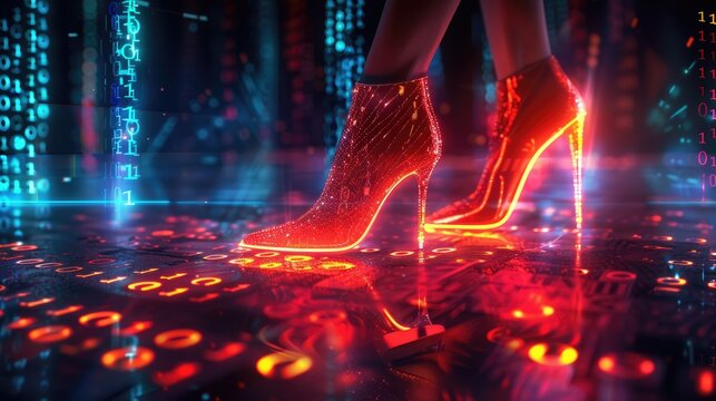 High-Tech Glamour: Futuristic High Heels in Neon Digital Background - Powered by Adobe