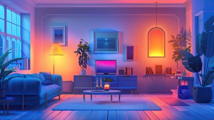 A vibrant living room illuminated by neon lights, featuring modern furniture, plants, and a cozy atmosphere with a colorful, futuristic touch