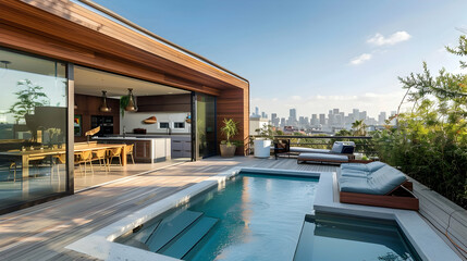 Fototapeta premium Urban Retreat: Contemporary City Home with Rooftop Pool and Skyline Views