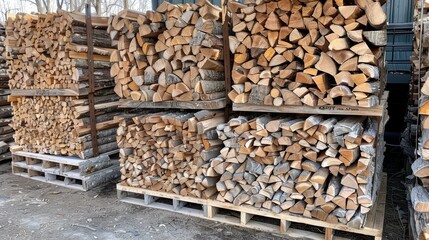 Selling neatly stacked firewood Ready for a cozy fireplace and campfire. The newly cut logs are arranged in neat rows. Provides warmth and comfort on cold days.