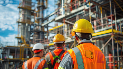 Construction workers in safety gear and helmets working on a building site, showcasing teamwork and industrial development.