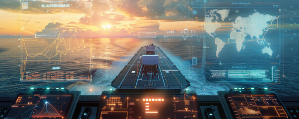 Futuristic Ship Navigation Interface with Digital Data Overlays at Sunset on the Open Sea