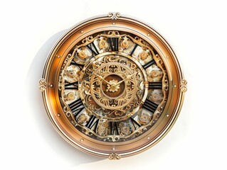 antique clock with ornate carvings isolated on white background