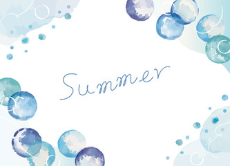 ビー玉と夏　爽やかな青色　水彩で描いたフレームタイトル素材